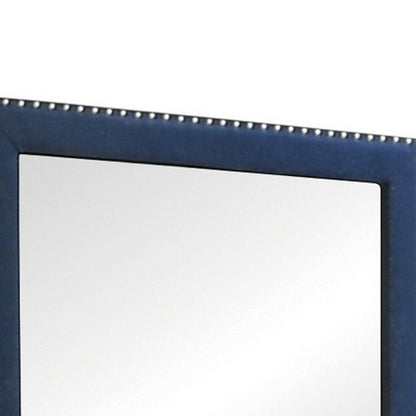 Cale 40 Inch Modern Glam Portrait Mirror, Nailhead, Blue Velvet Upholstered - View 3