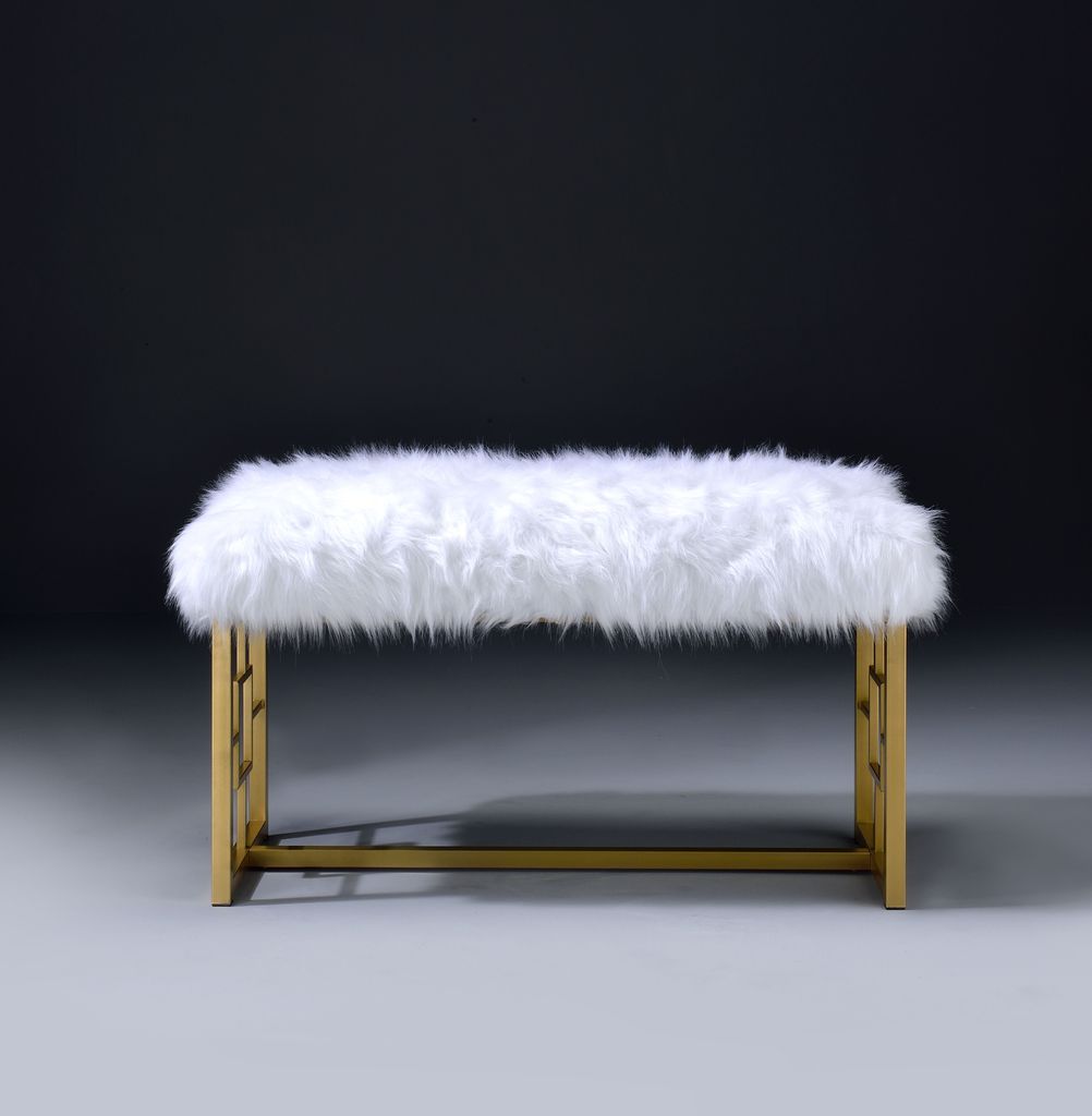 Modern Style Faux Fur Upholstered Bench with Geometrical Side Panels, White and Gold - View 2