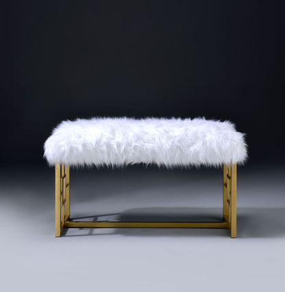 Modern Style Faux Fur Upholstered Bench with Geometrical Side Panels, White and Gold - View 2