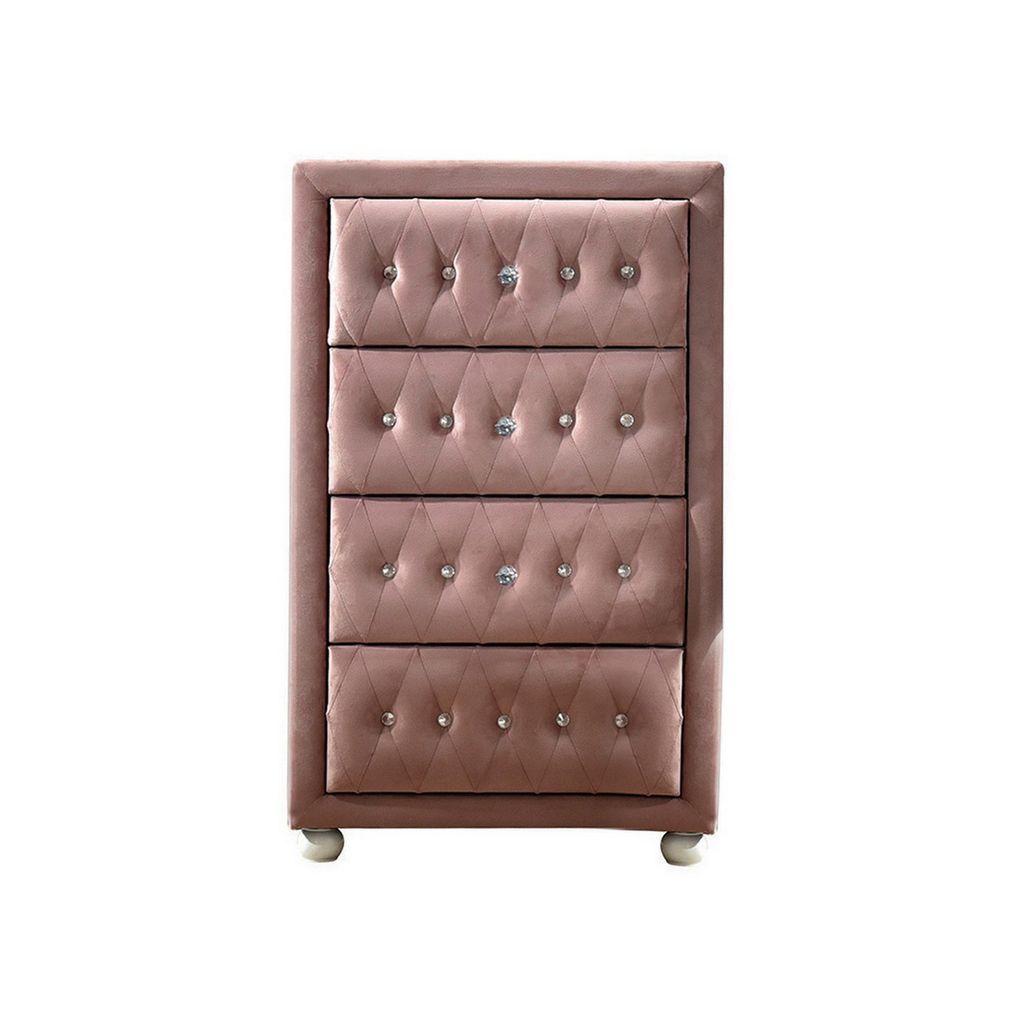 Rex 38 Inch Tall Upholstered Dresser Chest, 4 Drawer, Crystal Handles, Pink