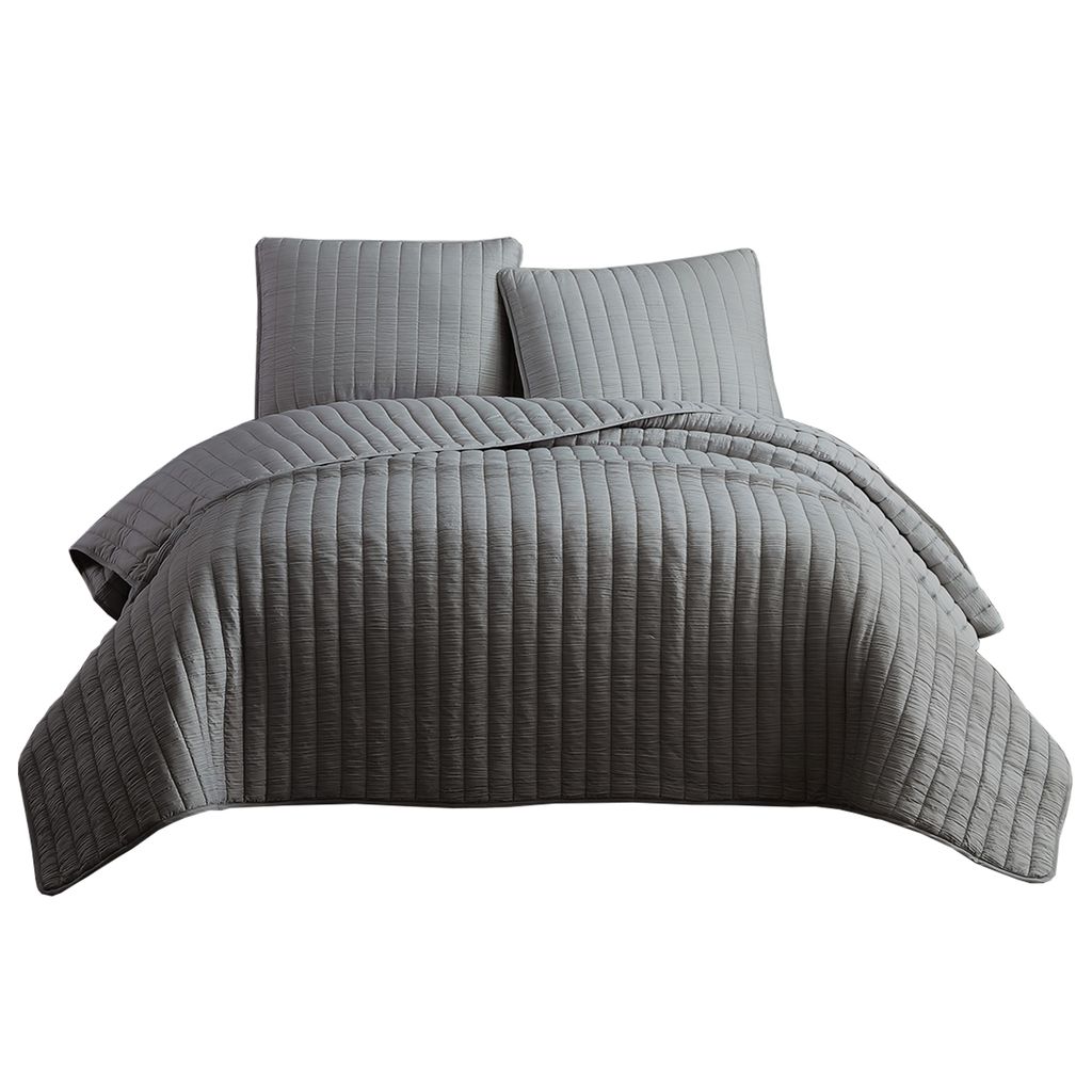 3 Piece Crinkles Queen Size Coverlet Set with Vertical Stitching, Gray