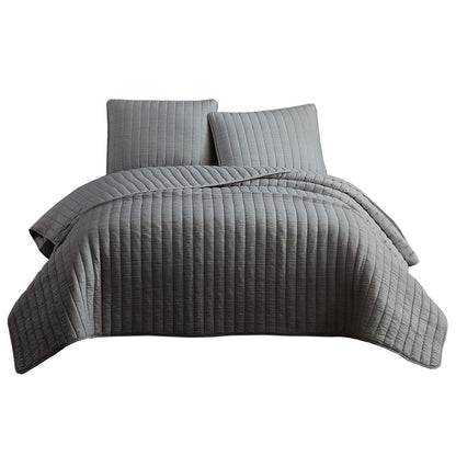 3 Piece Crinkles Queen Size Coverlet Set with Vertical Stitching, Gray
