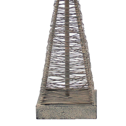 Metal Pyramid Base Table Lamp Set of 2 with Wire Design and Scripted Shade, Gray - View 2