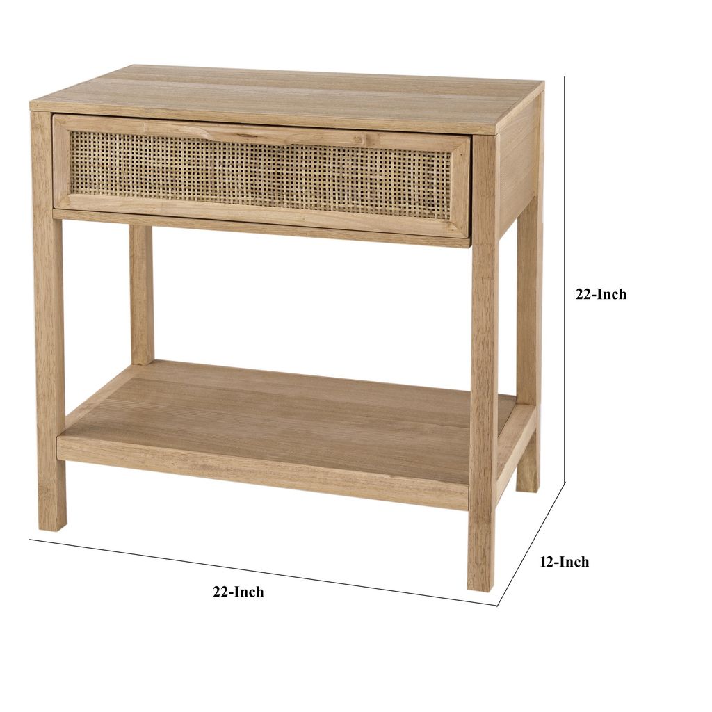 Rosette 22 Inch Accent Side Table, Rattan Front Drawer, Open Shelf, Natural Brown Mango Wood Frame - View 5