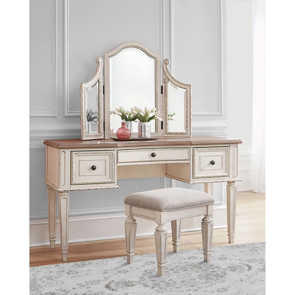 Wooden Mirror Stool Set with Square Tapered Legs, Antique White, Brown - View 7