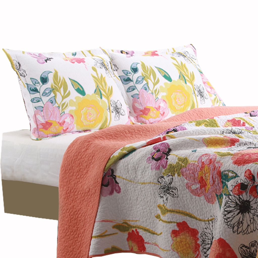 3 Piece Cotton King Size Quilt Set with Stencil Flower Print, Multicolor - View 2