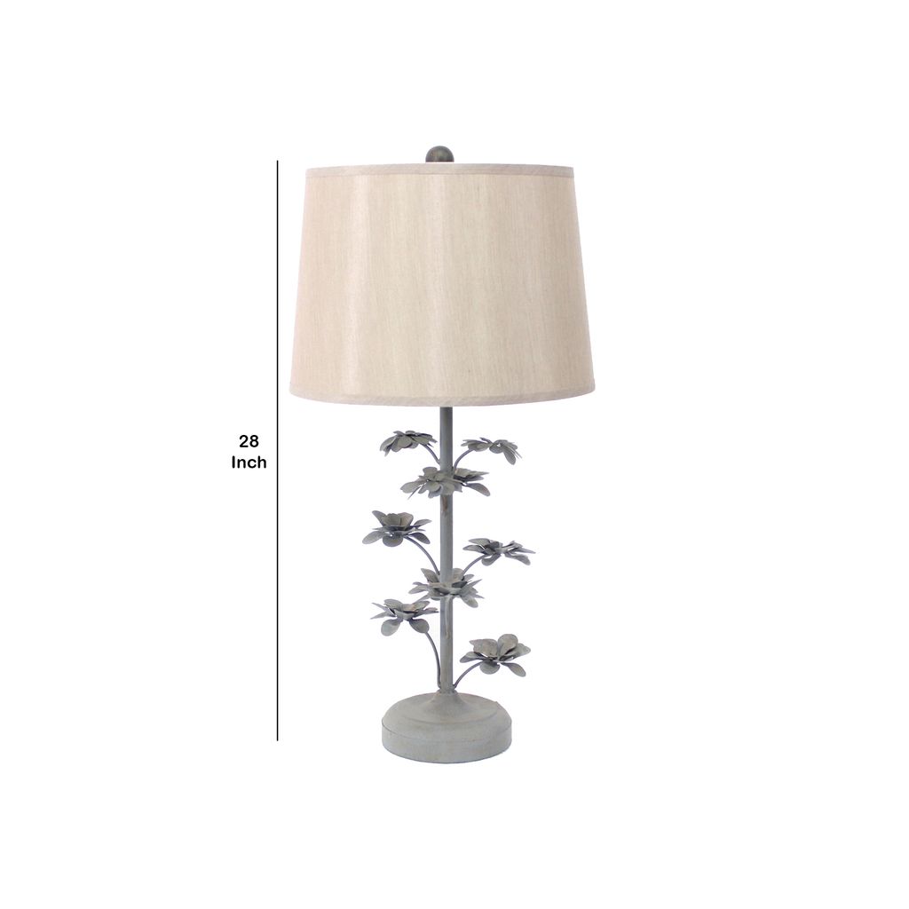 Flower Tree Design Metal Table Lamp Set of 2 with Tapered Drum Shade, Gray and Beige - View 5