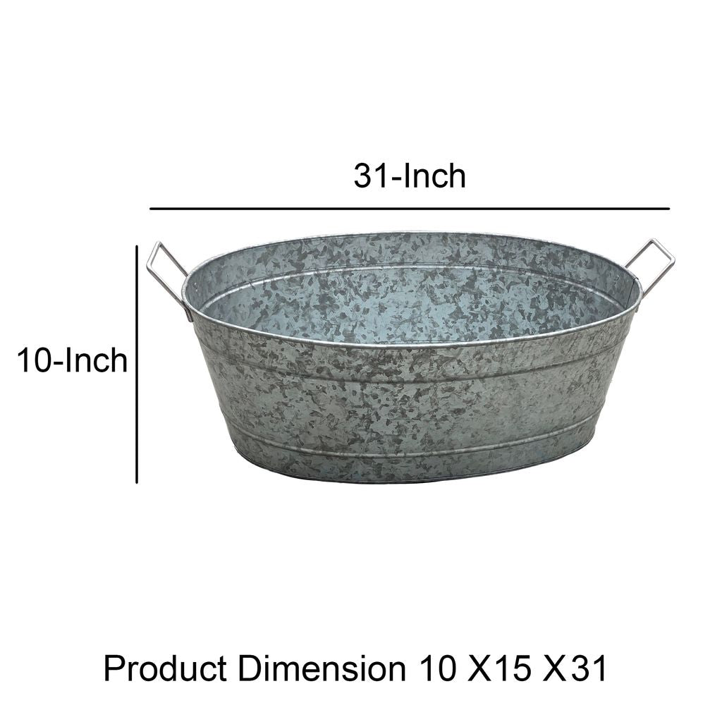 Thea Embossed Design Oval Shape Galvanized Steel Tub with Side Handles, Large, Silver - View 4