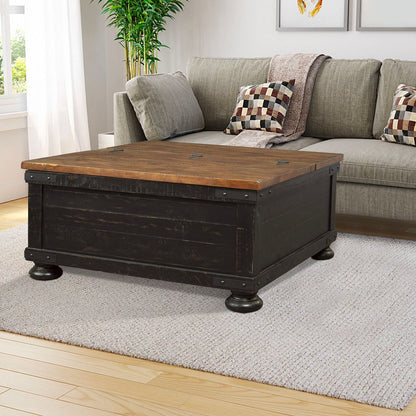 Square Wooden Lift Top Cocktail Table with Trunk Storage, Brown and Black - View 6
