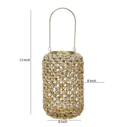 Cylindrical Rattan Lantern with Metal Frame and Handle,Large,Brown and Gold - View 6