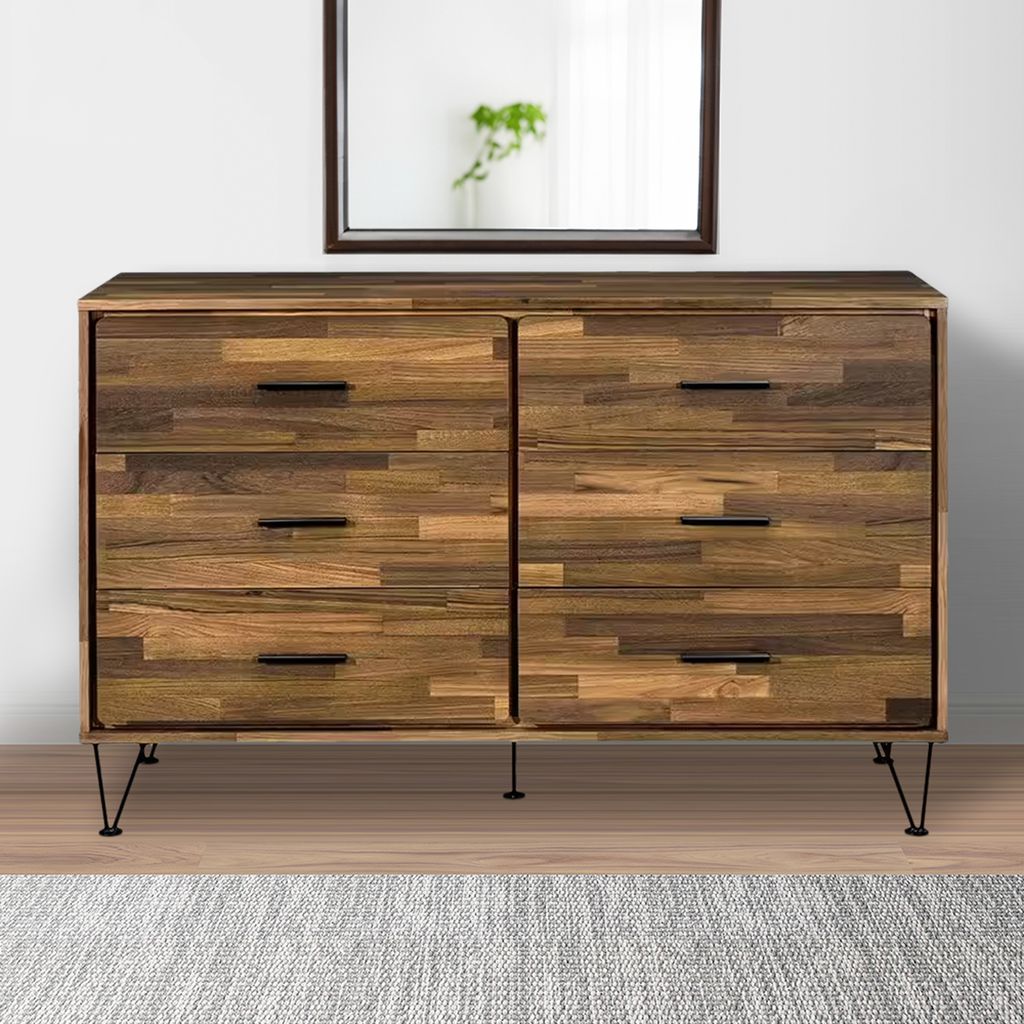 Dresser with 6 Drawers and Butcher Block Pattern, Brown - View 7