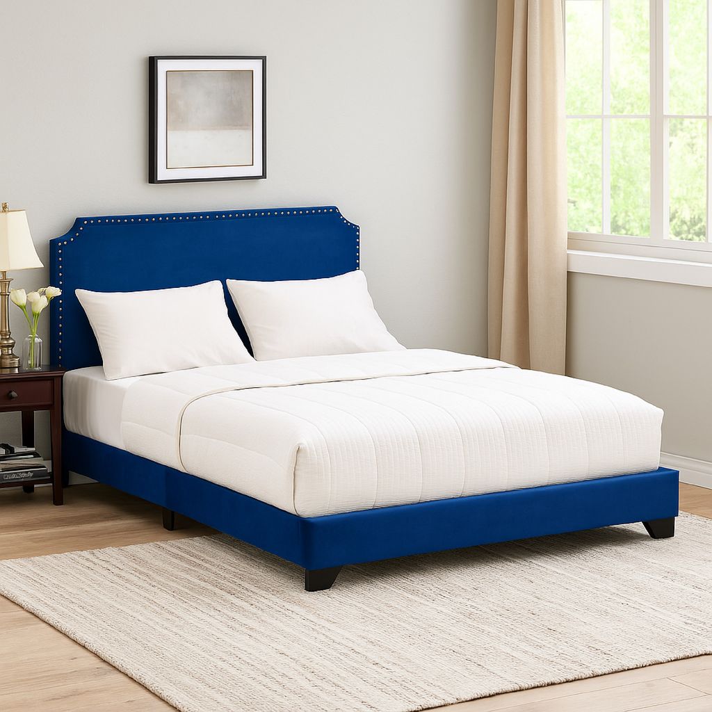 Queen Bed with Platform Style and Nailhead Trim, Blue - View 7