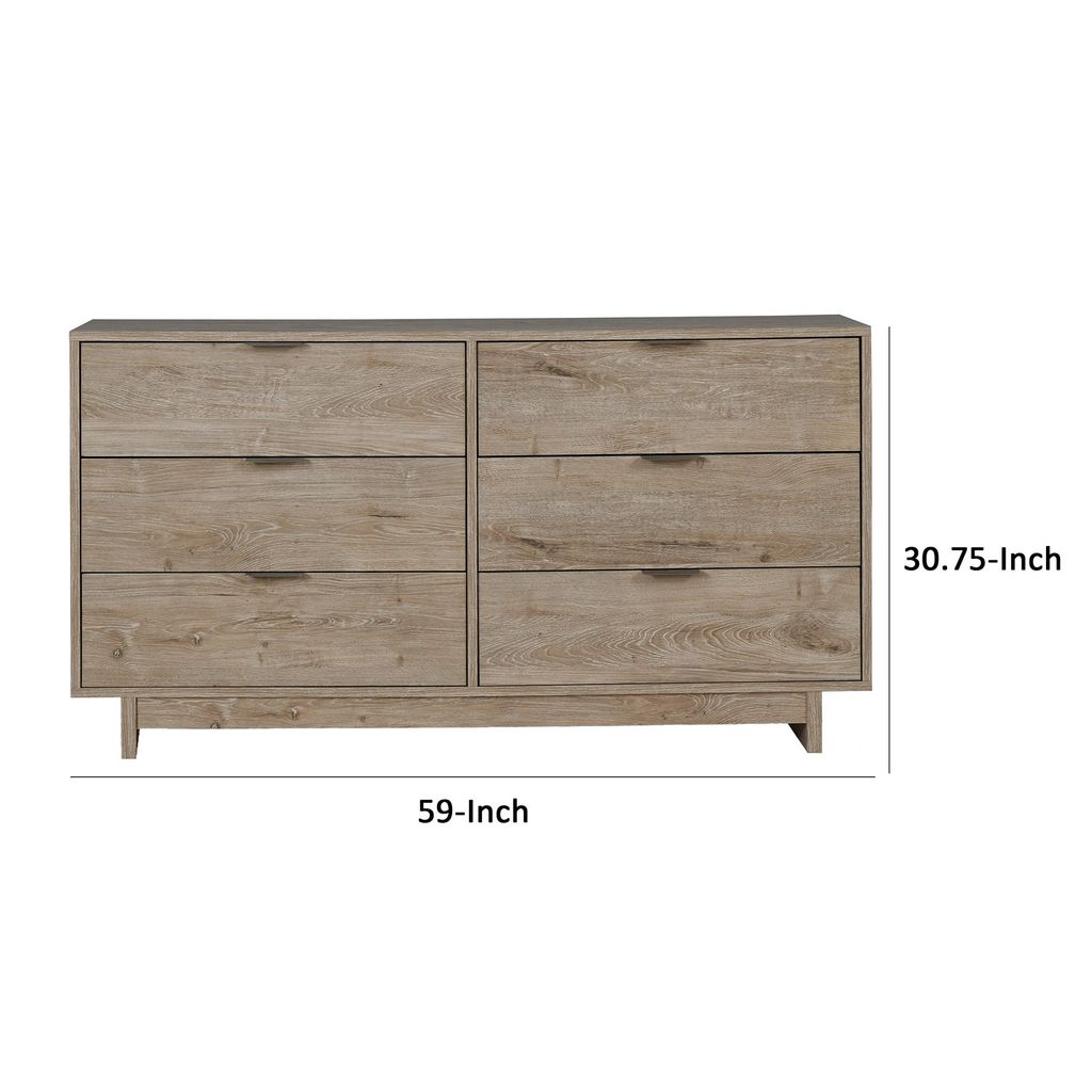 Fervor 59 Inch Dresser, 6 Drawers, Brown Wood Frame, Brushed Nickel Handles - View 5
