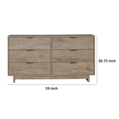 Fervor 59 Inch Dresser, 6 Drawers, Brown Wood Frame, Brushed Nickel Handles - View 5