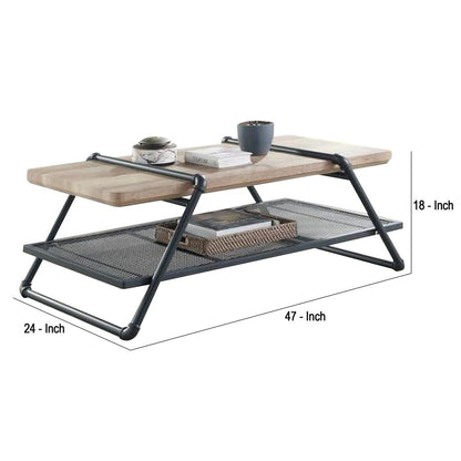 Coffee Table with Wooden Top and Mesh Shelf, Brown and Black - View 6