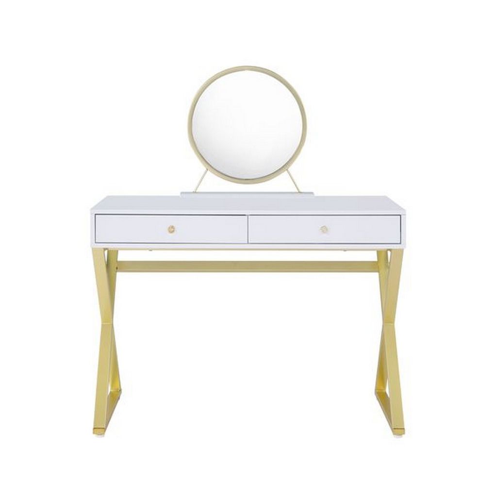 Vanity Desk with Removable Mirror and Cross Metal Legs, White and Gold - View 3