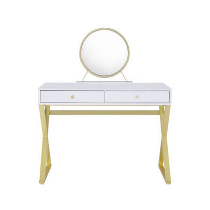 Vanity Desk with Removable Mirror and Cross Metal Legs, White and Gold - View 3