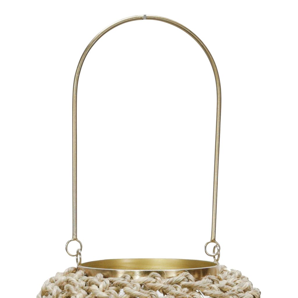 Cylindrical Rattan Lantern with Metal Frame and Handle,Large,Brown and Gold - View 2