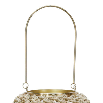 Cylindrical Rattan Lantern with Metal Frame and Handle,Large,Brown and Gold - View 2