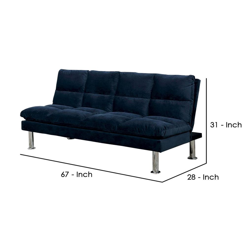 Futon Sofa with Tufted Padded Seating and Metal Legs, Blue - View 6