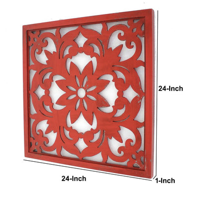 Set of 2 Square Wooden Floral Wall Plaque, Red - View 6