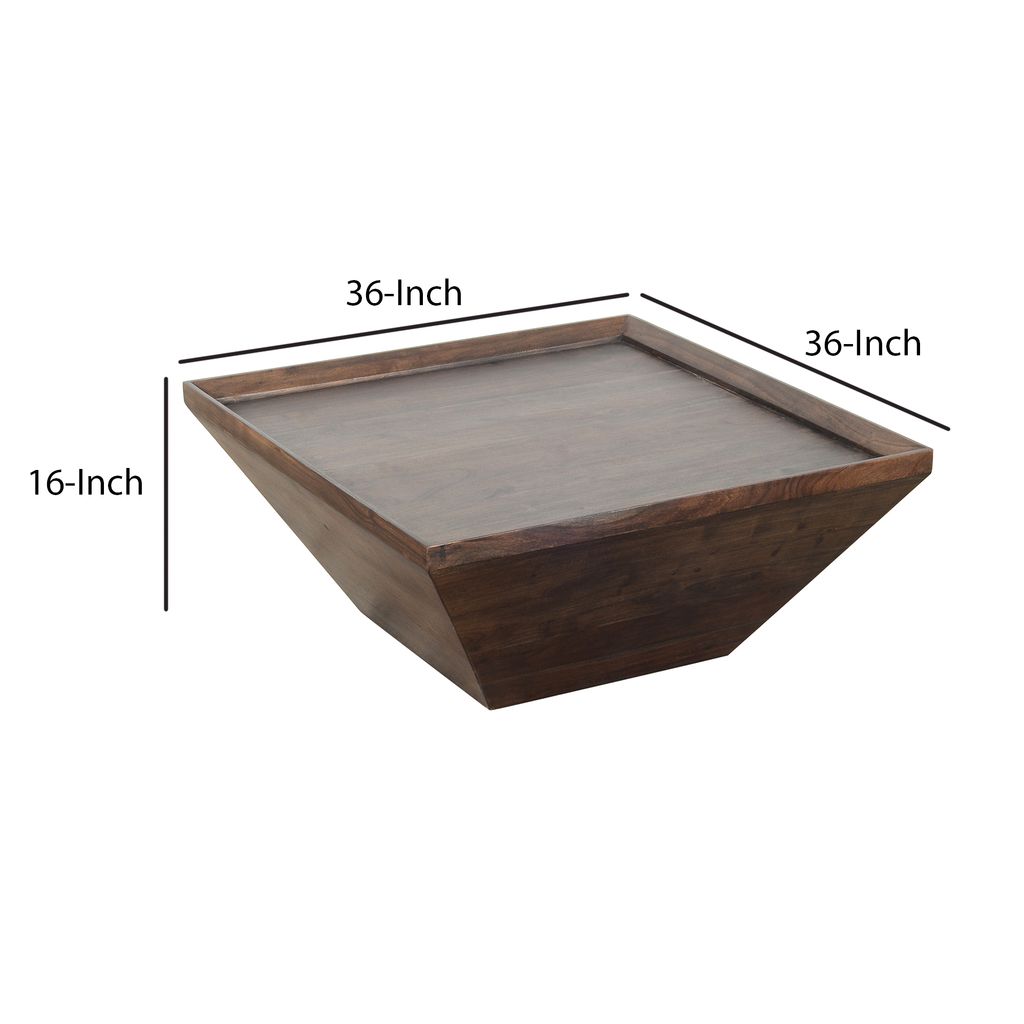 36 Inch Square Shape Acacia Wood Coffee Table with Trapezoid Base, Brown - View 5
