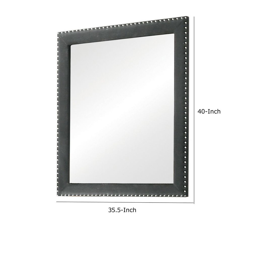 Cale 40 Inch Modern Portrait Mirror, Velvet Upholstery, Nailhead Trim, Gray - View 5