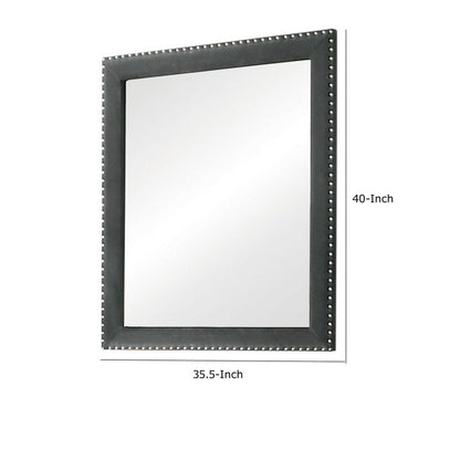 Cale 40 Inch Modern Portrait Mirror, Velvet Upholstery, Nailhead Trim, Gray - View 5