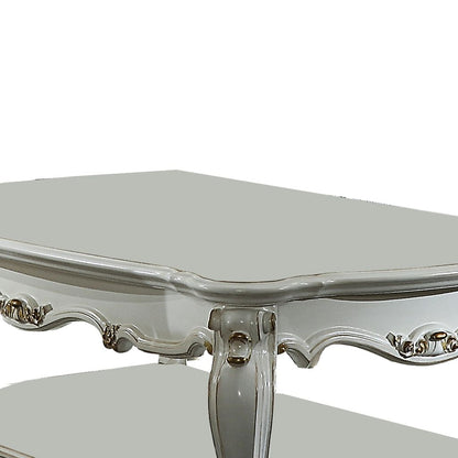 Traditional Style Wooden Coffee Table with Polyresin Carvings and Bottom Shelf, White - View 5