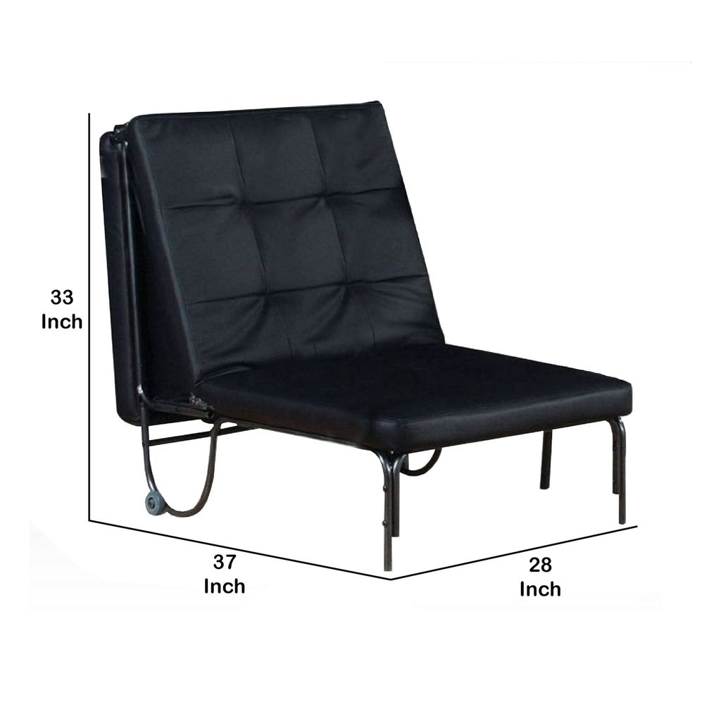 Adjustable Metal Futon with Faux Leather Upholstered Tufted Details and Casters, Black - View 6