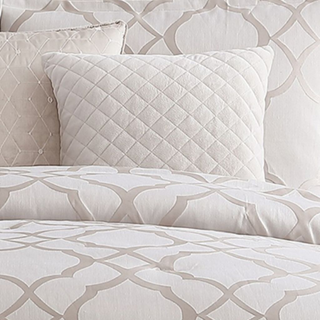10 Piece King Size Fabric Comforter Set with Quatrefoil Prints, White - View 3