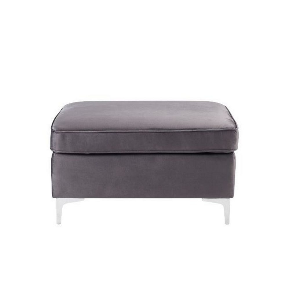 Ottoman with Velvet Upholstery and Metal Legs, Gray - View 3