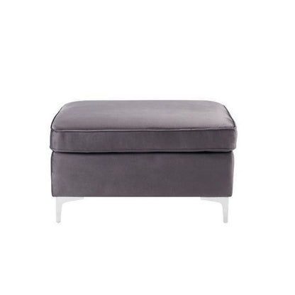 Ottoman with Velvet Upholstery and Metal Legs, Gray - View 3