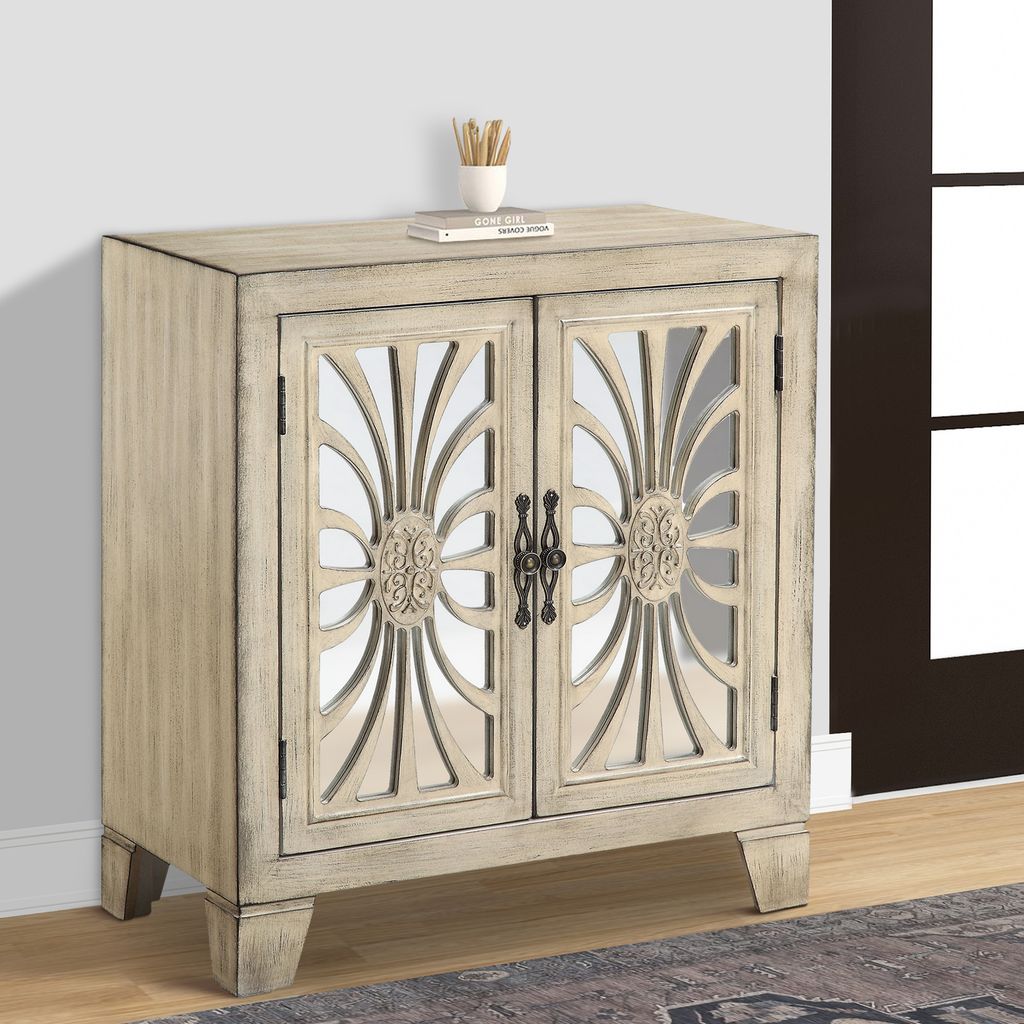 Console Table with 2 Glass Doors and Floral Motif, Antique White - View 7