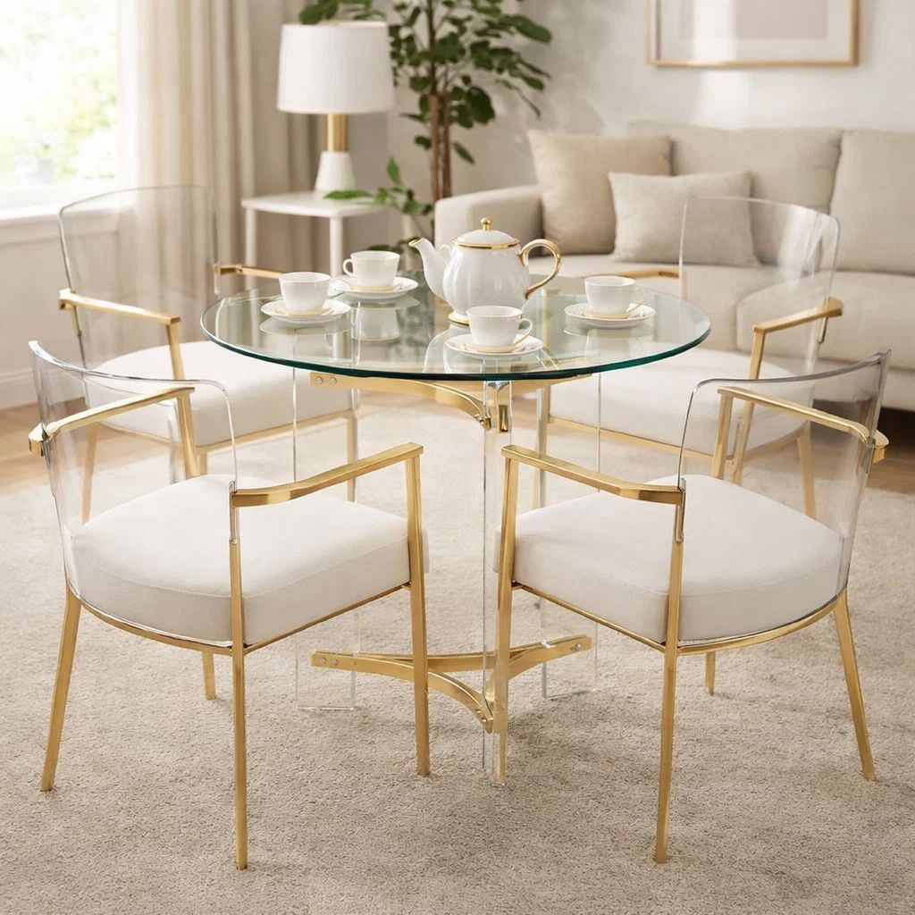 Hale 23 Inch Round End Table, Glass Top, Acrylic Legs, Clear, Gold - View 7