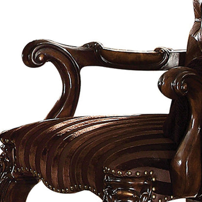Wooden Arm Chair with Button Tufted Backrest and Carved Details, Set of 2, Brown - View 3