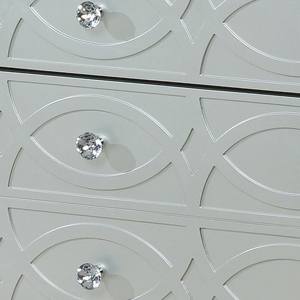Gina 29 Inch Modern Glam Nightstand, Round Crystal Knobs, USB Ports, Silver - View 3