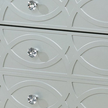 Gina 29 Inch Modern Glam Nightstand, Round Crystal Knobs, USB Ports, Silver - View 3