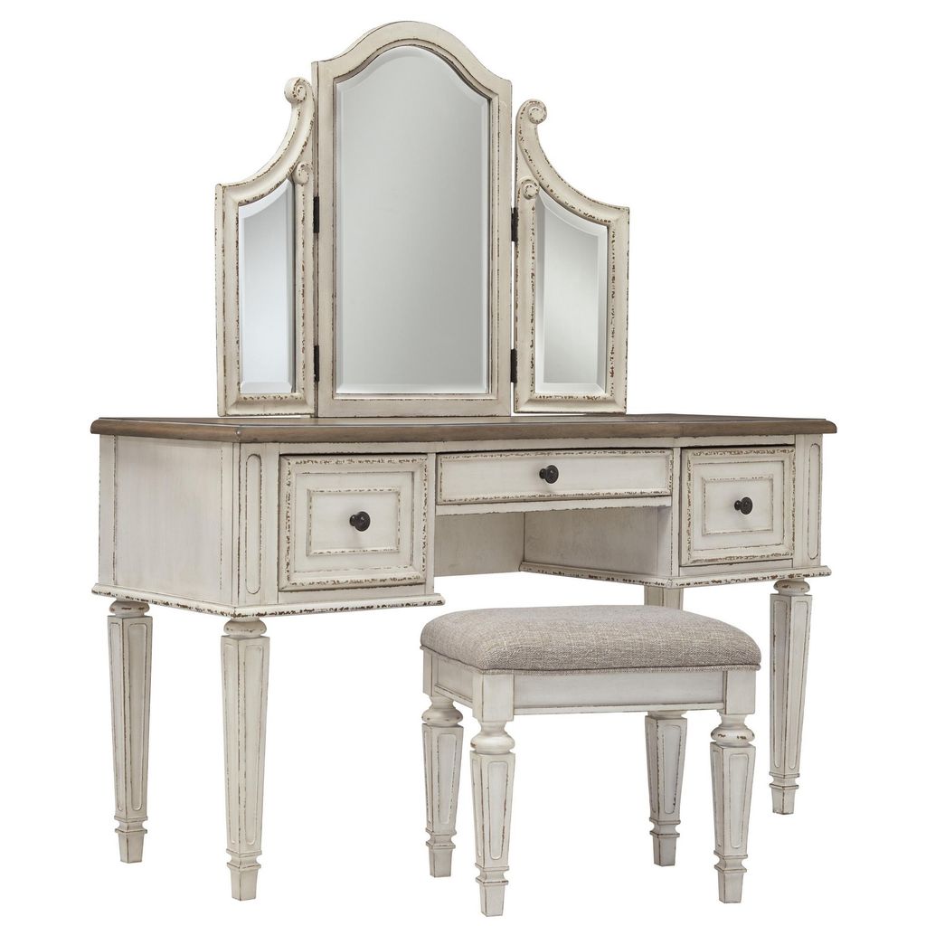 Wooden Mirror Stool Set with Square Tapered Legs, Antique White, Brown