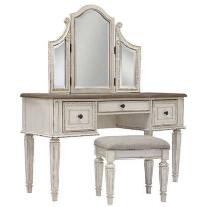 Wooden Mirror Stool Set with Square Tapered Legs, Antique White, Brown