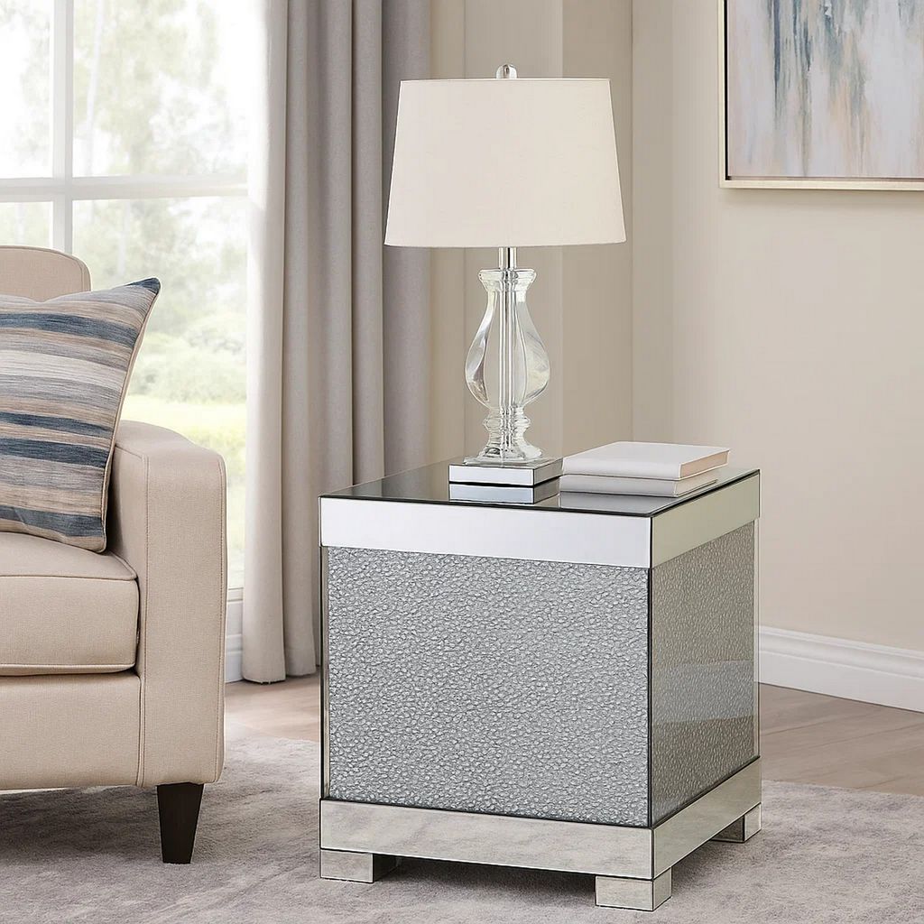 Contemporary Square Wooden End Table with Faux Crystal Inlays, Silver - View 7