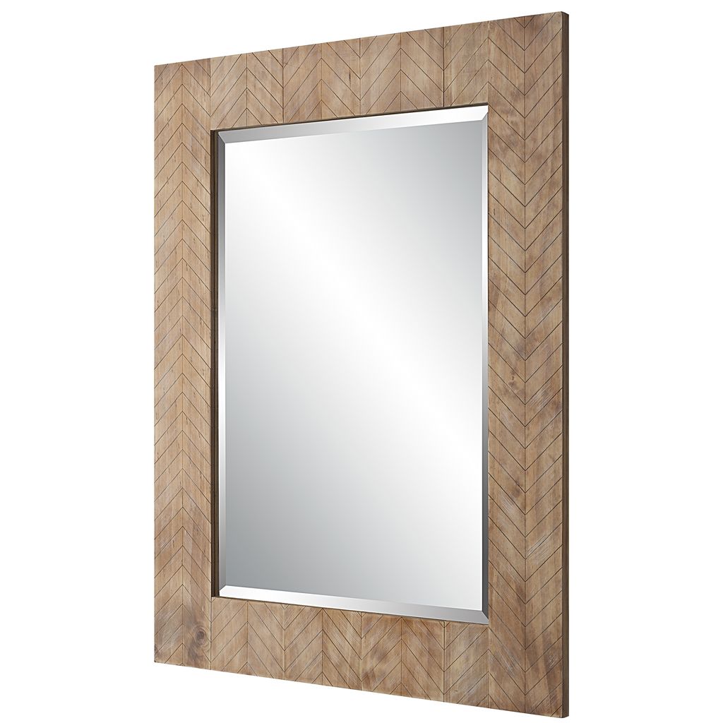 39 Inch Wood Frame Wall Mirror, Chevron Design, Brown