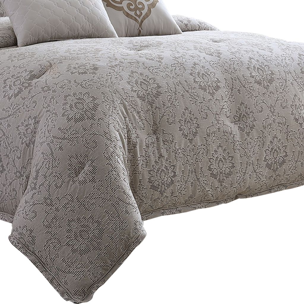 10 Piece King Cotton Comforter Set with Textured Floral Print, Gray - View 2