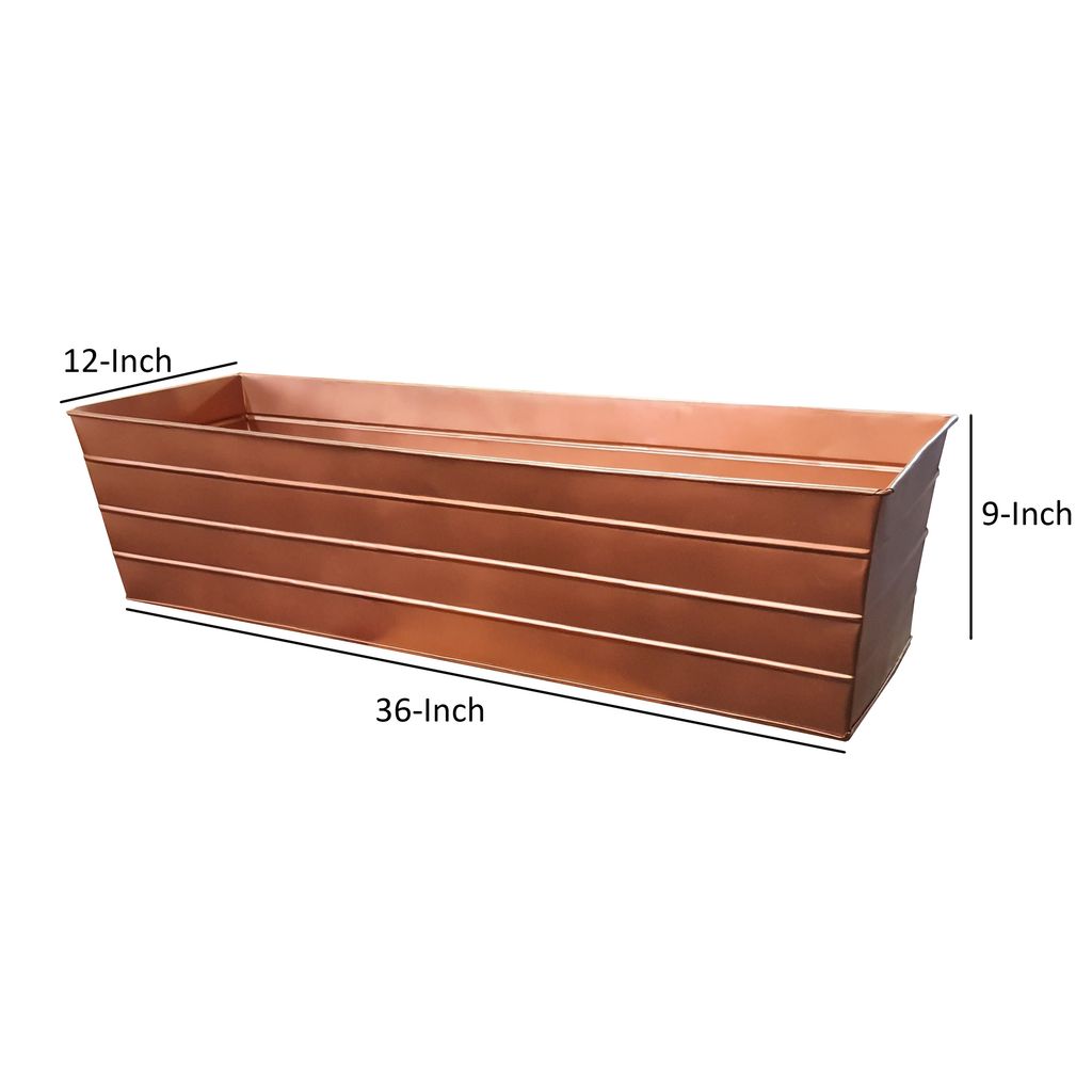 Rectangular Metal Flower Planter Box with Embossed Line Design, Large, Copper - View 4