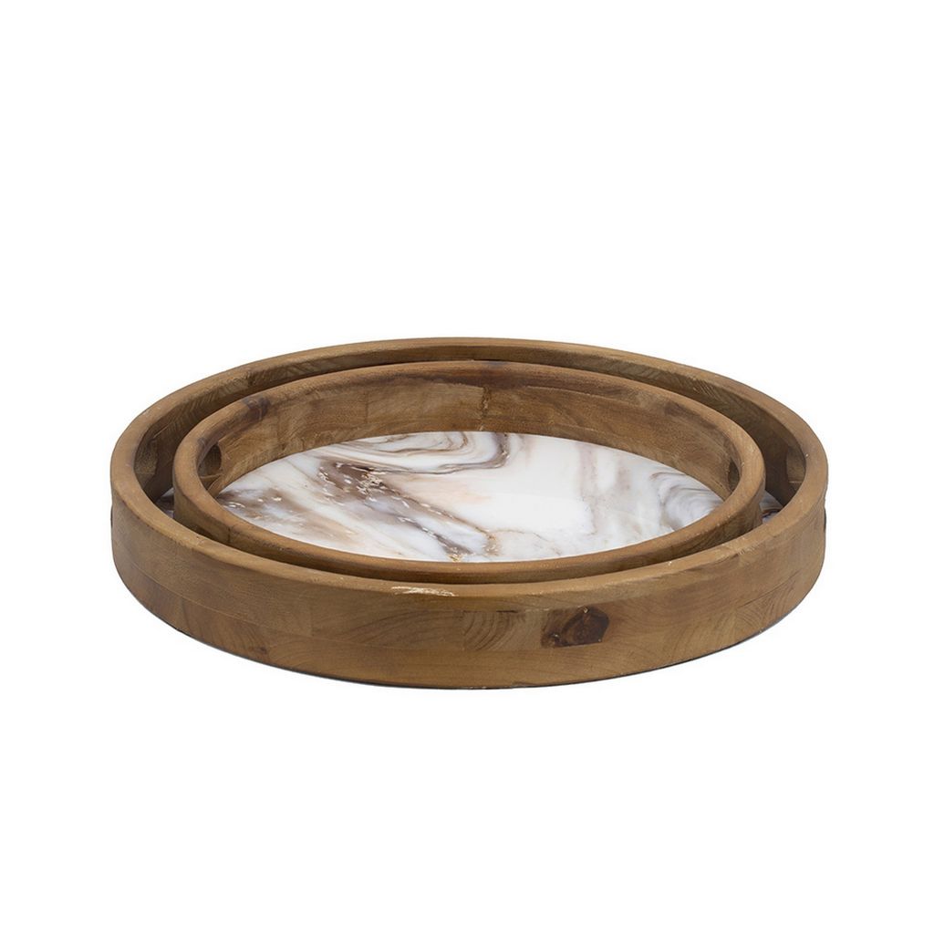 18, 15 Inch Round Decorative Tray, Marble Effect, Brown Fir Wood Frame - View 4
