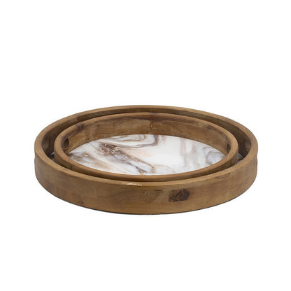 18, 15 Inch Round Decorative Tray, Marble Effect, Brown Fir Wood Frame - View 4