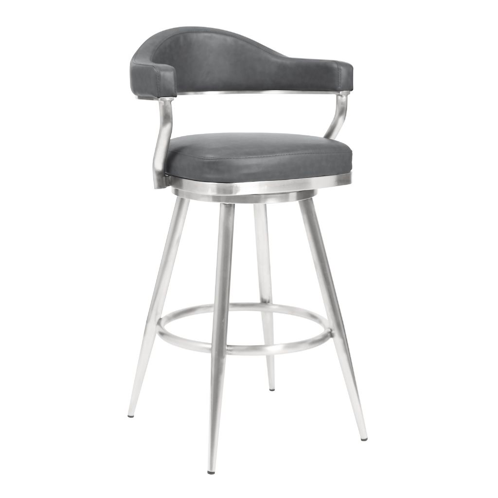 26 Inch Vegan Faux Leather Metal Counter Stool, Gray, Silver