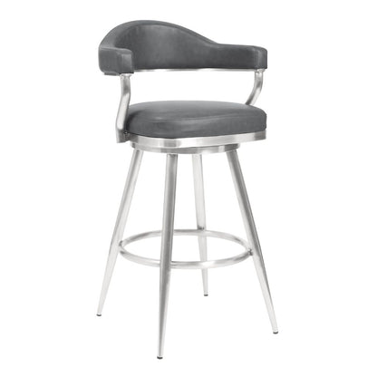 26 Inch Vegan Faux Leather Metal Counter Stool, Gray, Silver