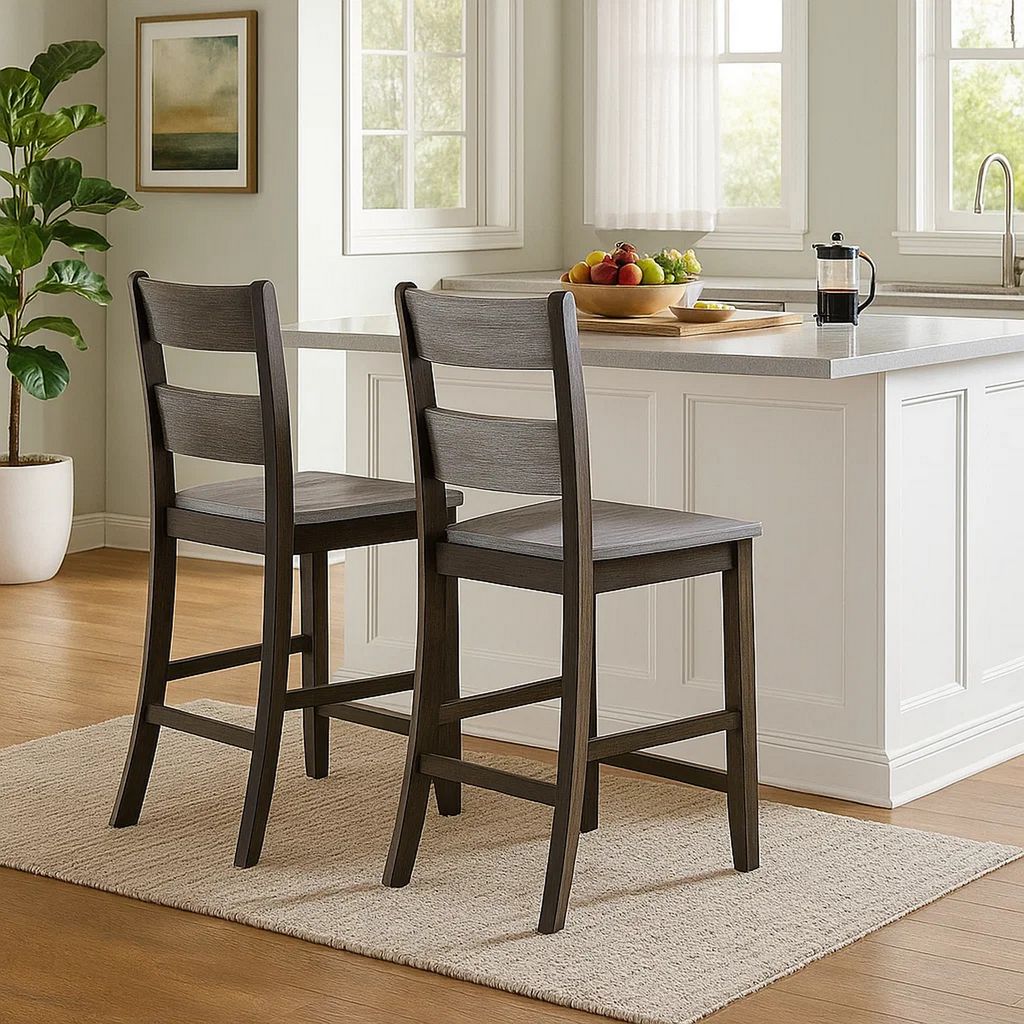 Wooden Counter Height Side Chair with Ladder Backrest, Set of 2, Dark Brown - View 7