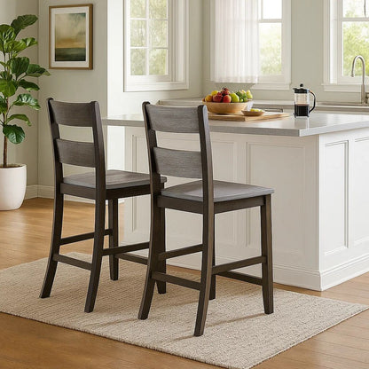 Wooden Counter Height Side Chair with Ladder Backrest, Set of 2, Dark Brown - View 7